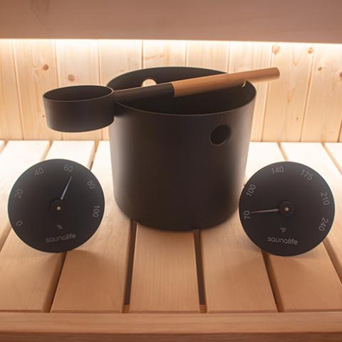 SaunaLife Bucket, Ladle, Hygrometer and Thermometer, Black - Sauna Heater Supply