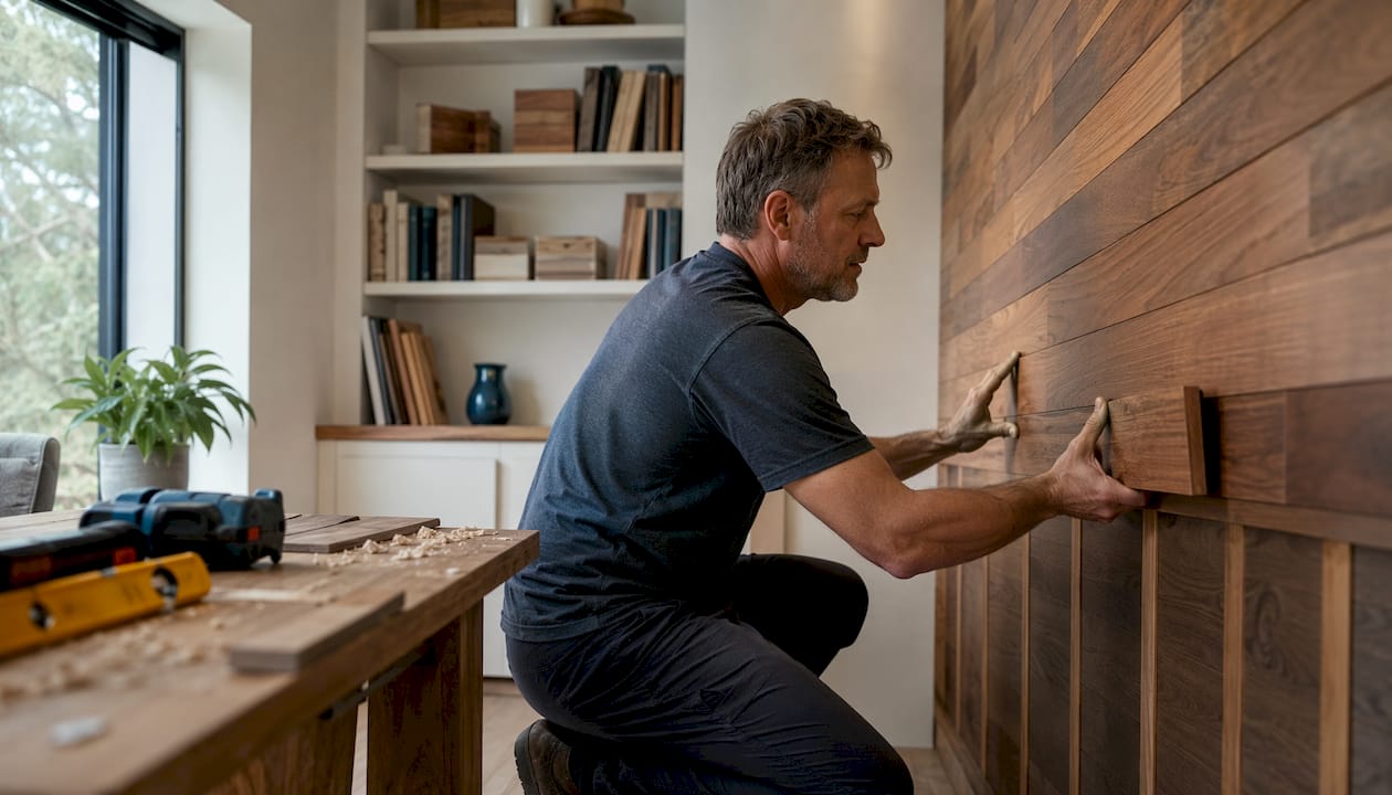 Man installing wooden sauna panels in basement corner