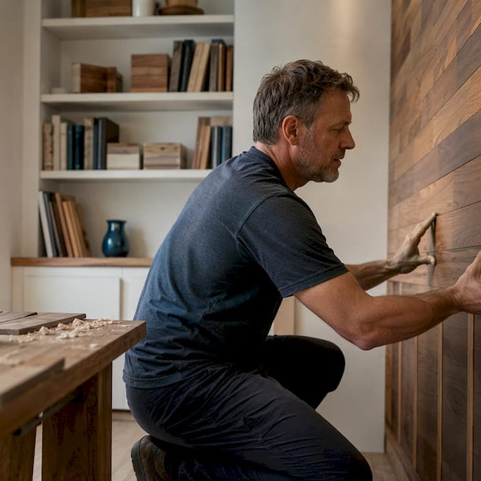 Man installing wooden sauna panels in basement corner