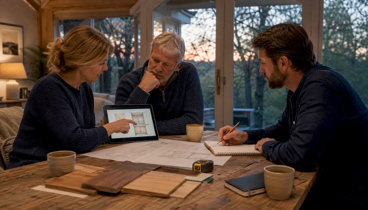 Couple and architect reviewing sauna plans