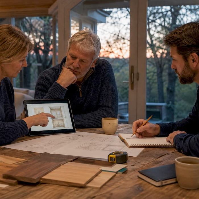Couple and architect reviewing sauna plans