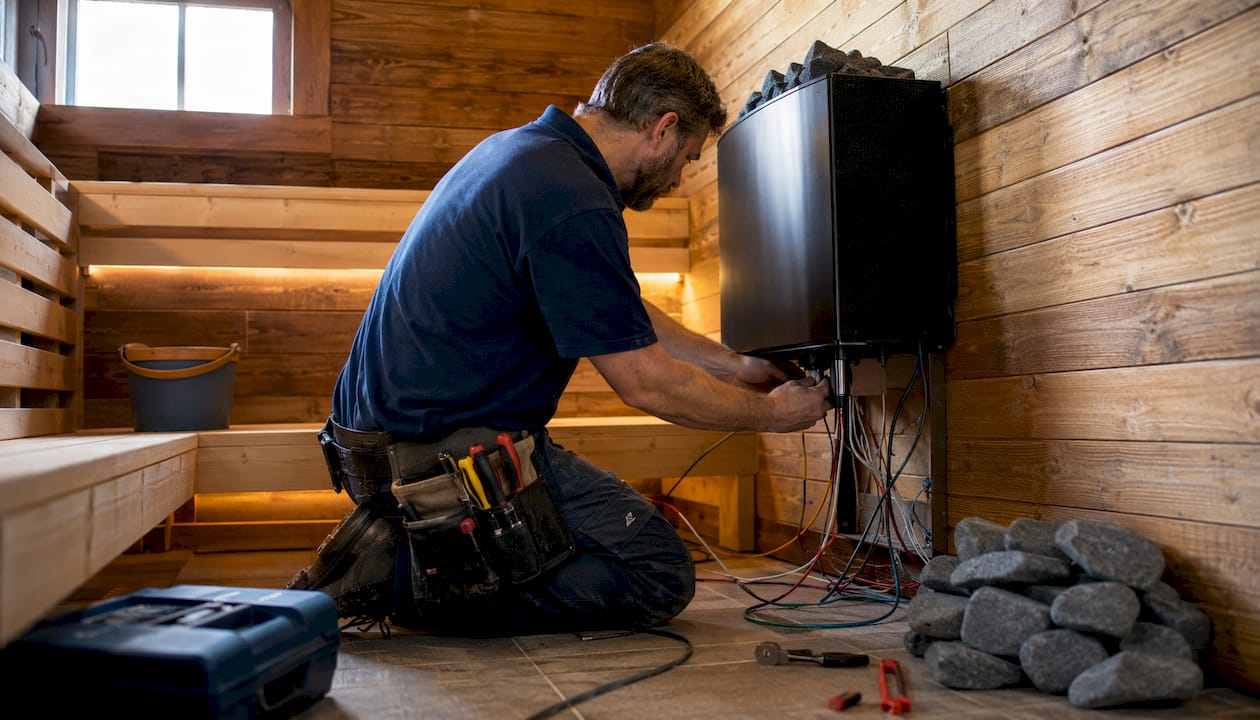 Electrician installing 9 kW sauna heater