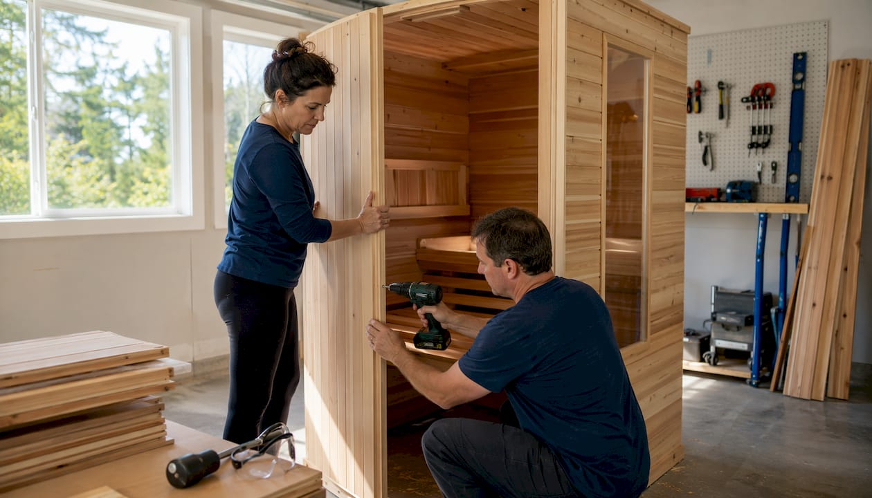 Couple installing home sauna kit indoors
