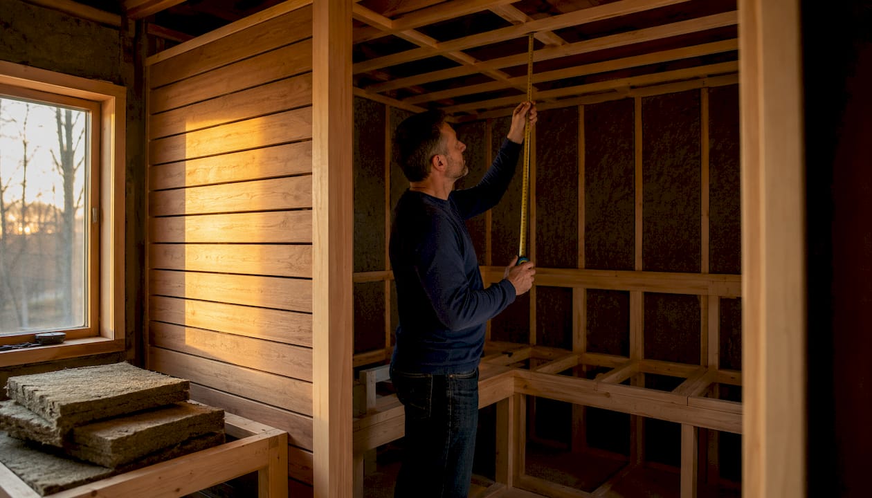 Sauna builder measuring ceiling height inside framed sauna