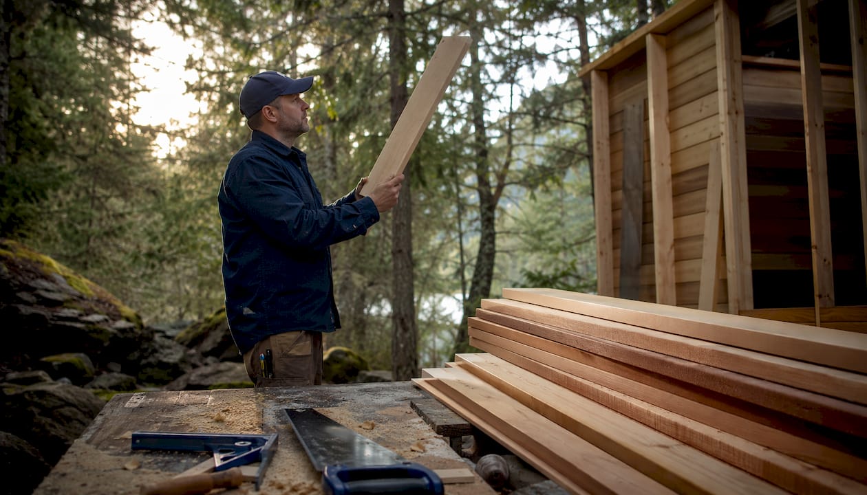 Craftsman inspecting cedar and hemlock sauna wood