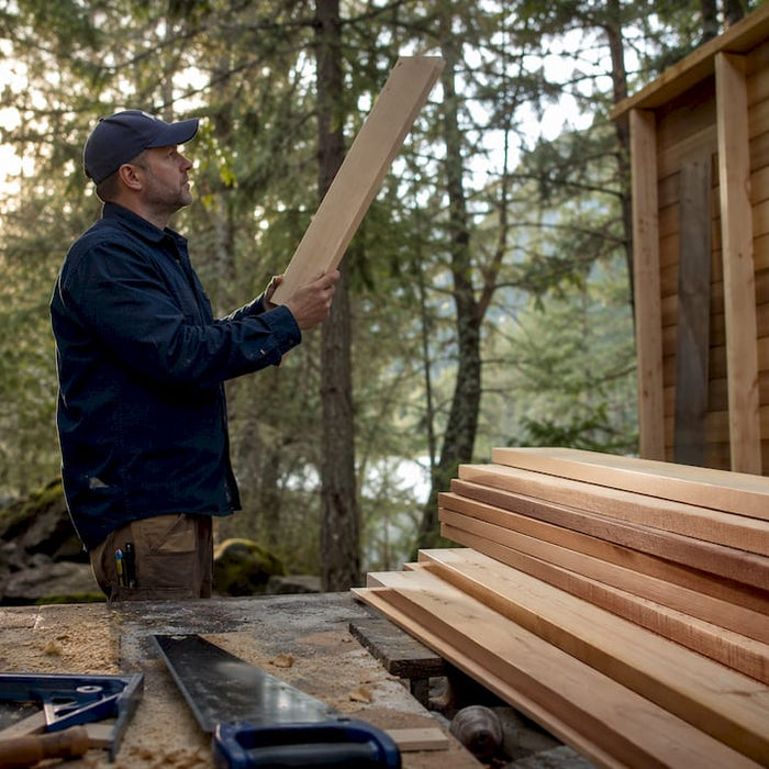 Craftsman inspecting cedar and hemlock sauna wood