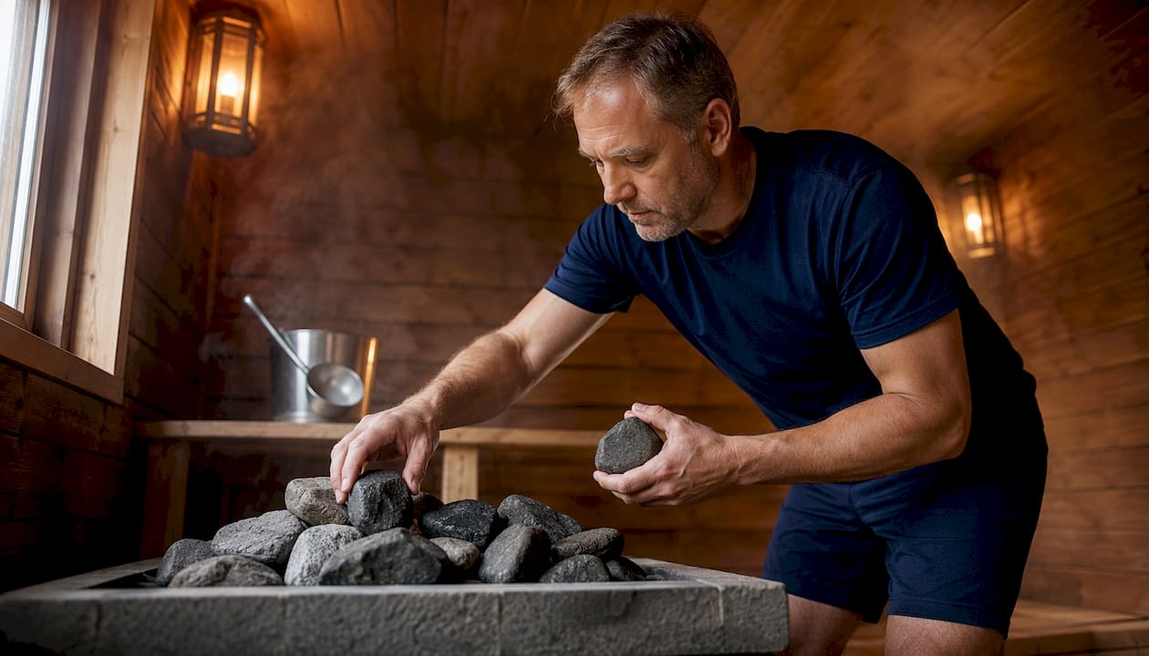 Man arranging sauna rocks in heater