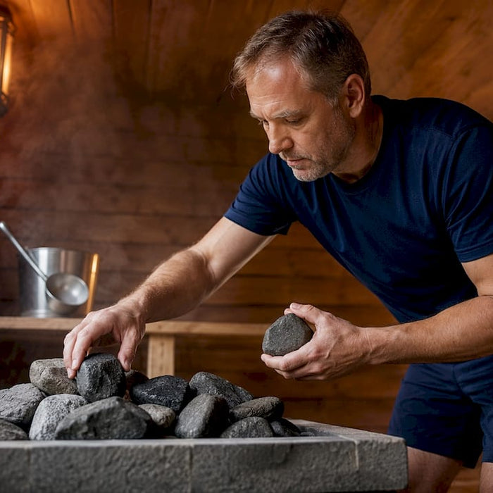 Man arranging sauna rocks in heater
