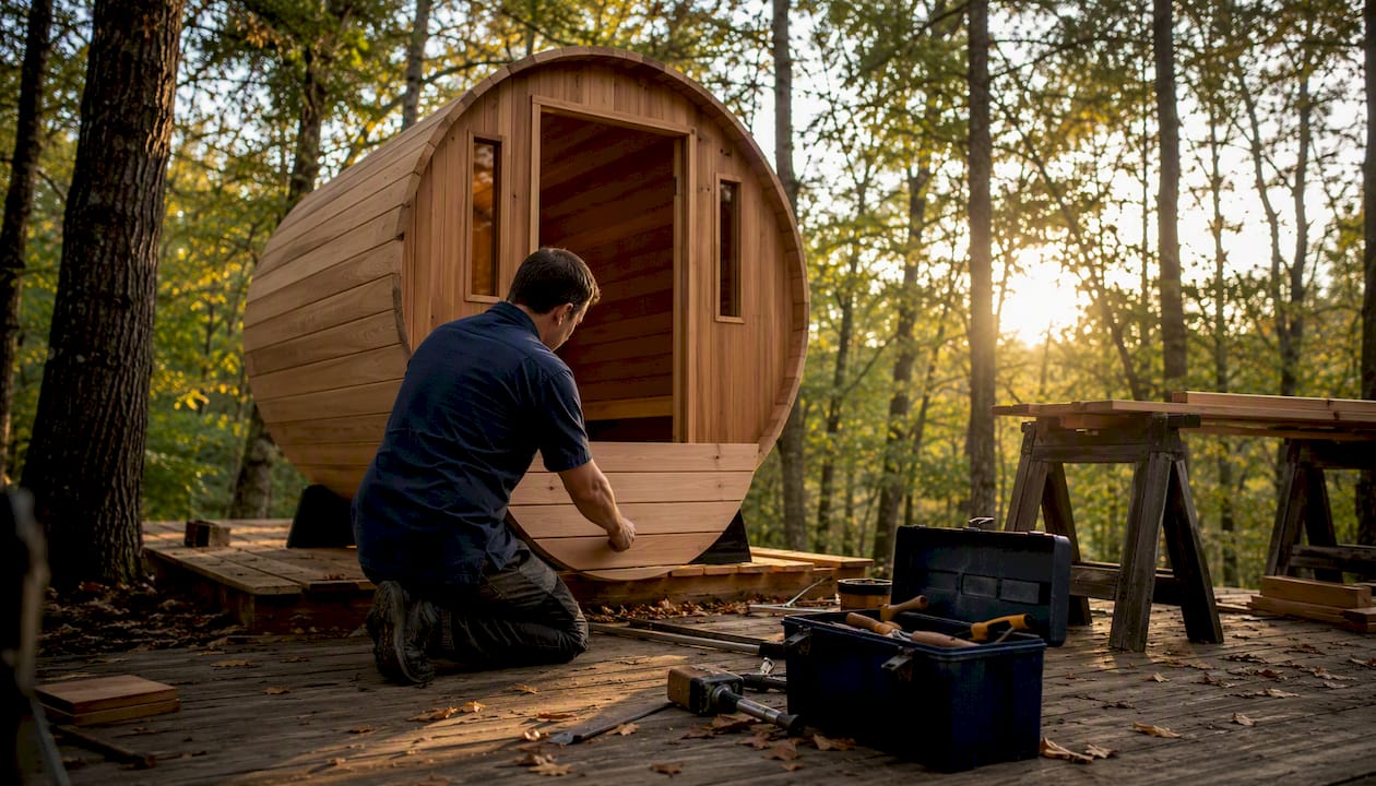 Man assembling outdoor barrel sauna in backyard