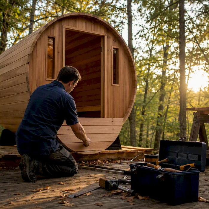 Man assembling outdoor barrel sauna in backyard