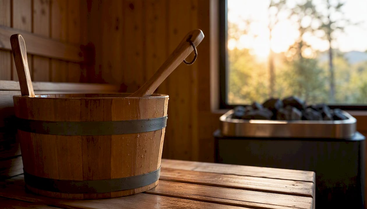 Wooden sauna bucket and ladle on bench