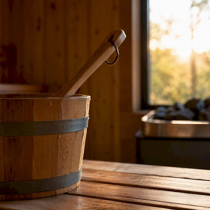 Wooden sauna bucket and ladle on bench