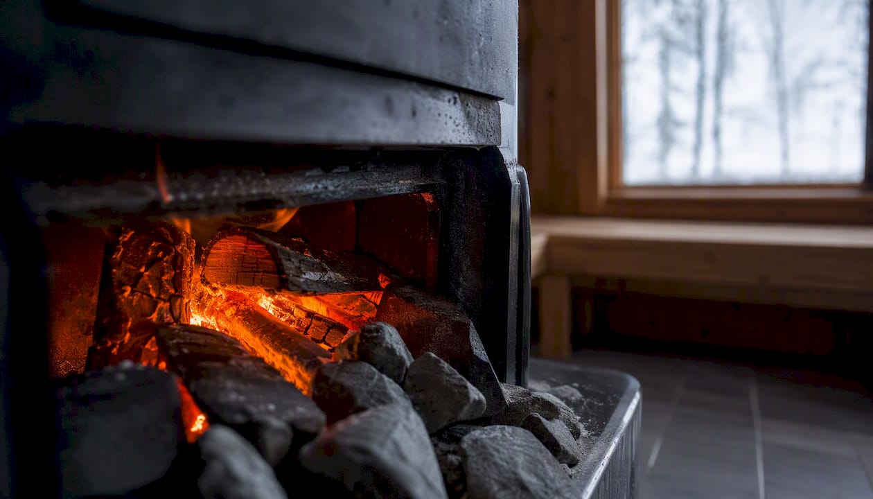 Close-up of sauna heater fire and stones