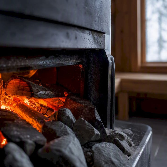 Close-up of sauna heater fire and stones