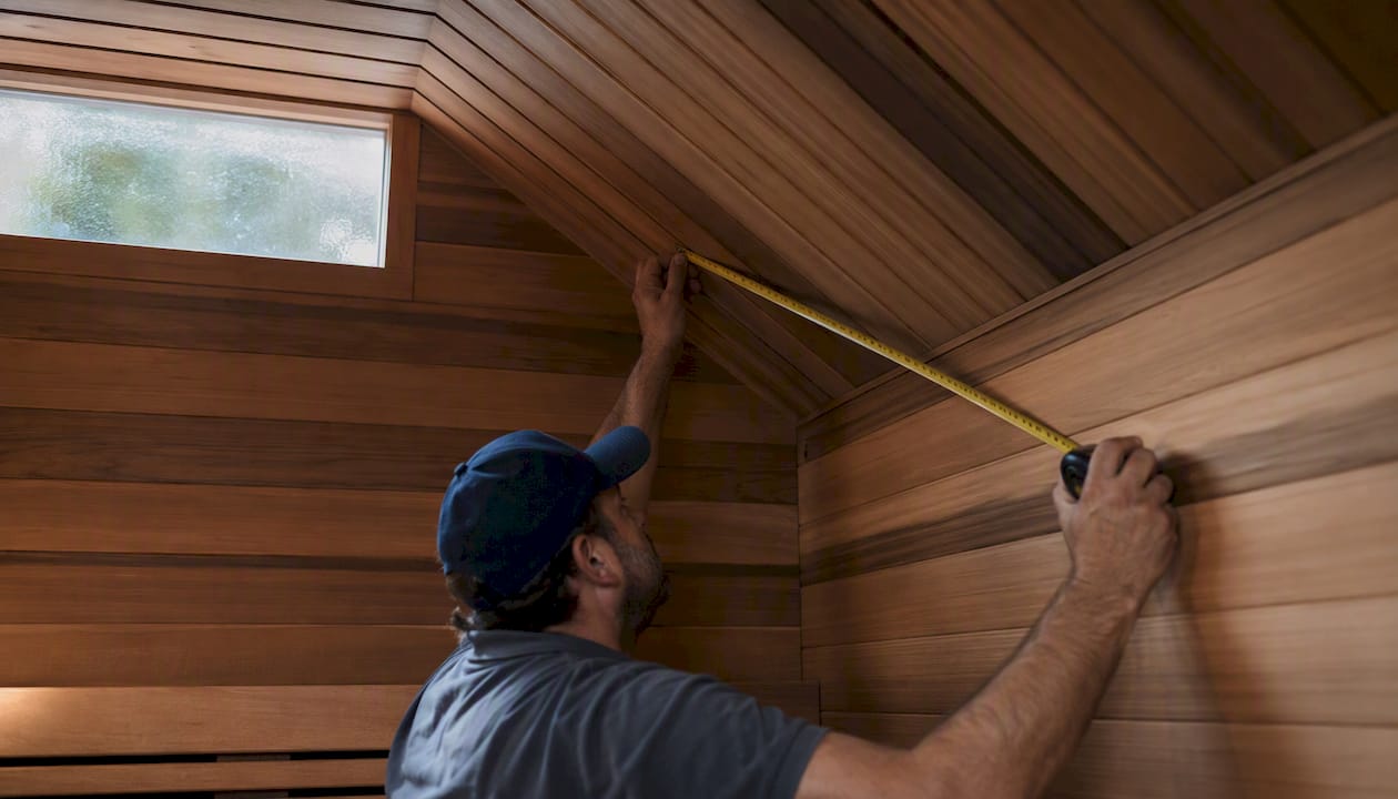 Measuring sauna room length with tape