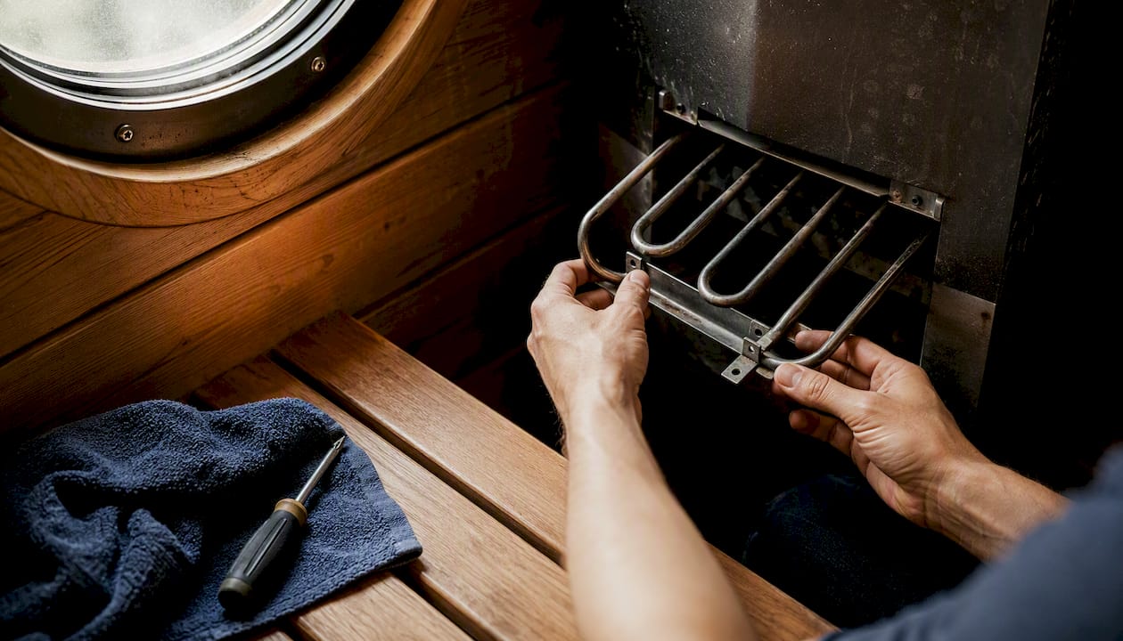 Hands removing sauna heating element in sauna