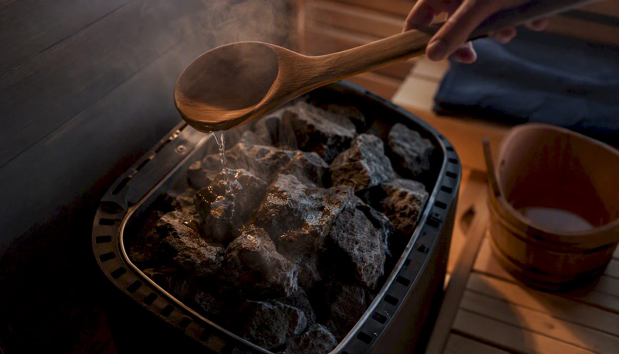 Pouring water on sauna heater stones