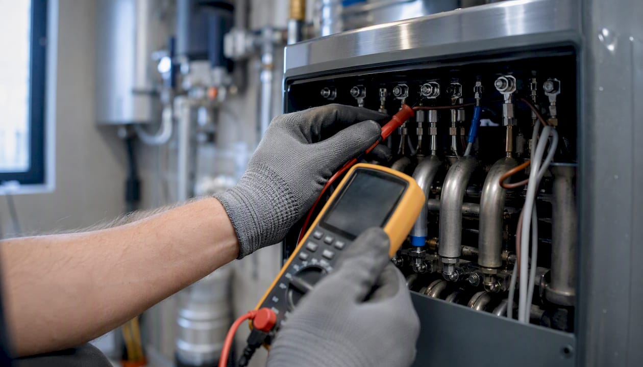 Technician testing steam generator electrical element