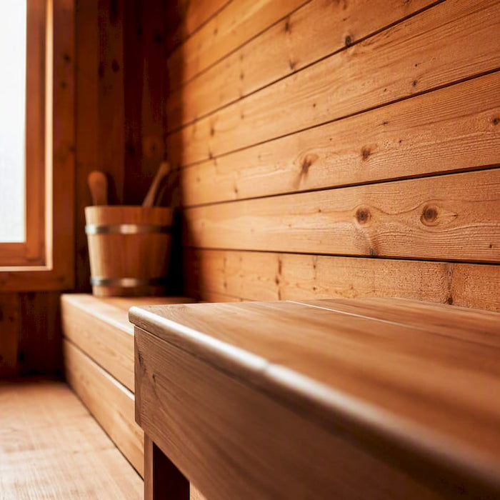 Modern sauna interior showing wood walls and benches