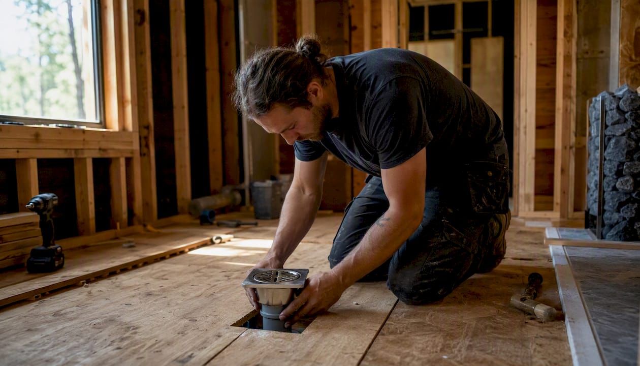 Sauna builder installing floor drain