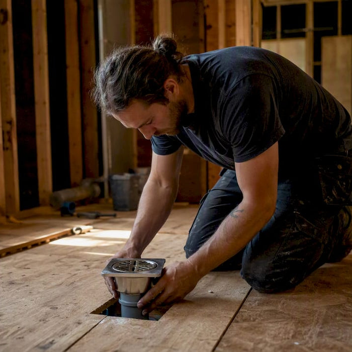 Sauna builder installing floor drain