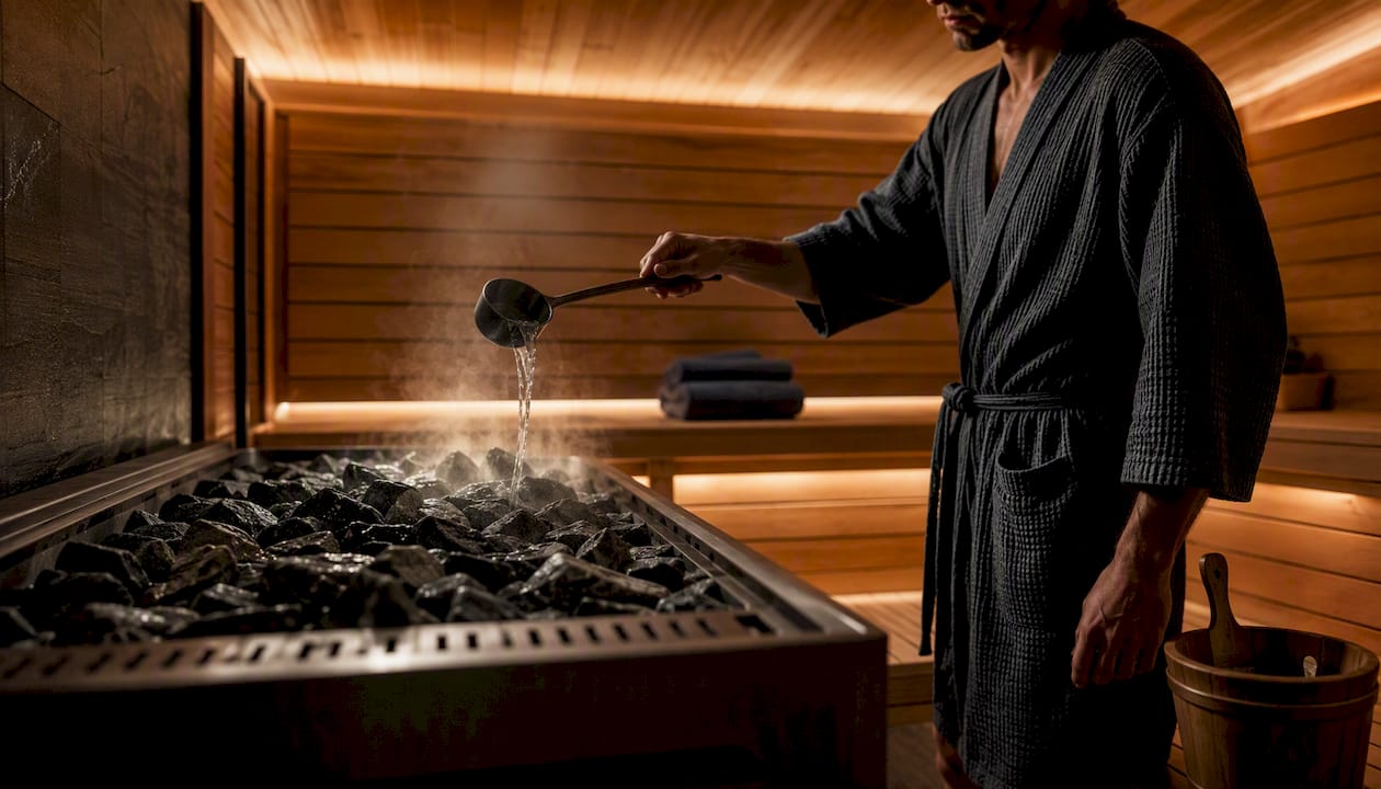 Person ladling water over infrared sauna stones