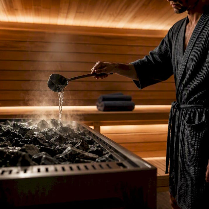 Person ladling water over infrared sauna stones