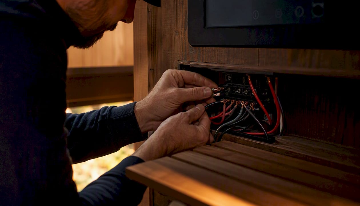 Hands installing sauna electrical wiring close-up