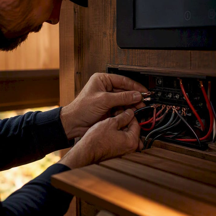 Hands installing sauna electrical wiring close-up
