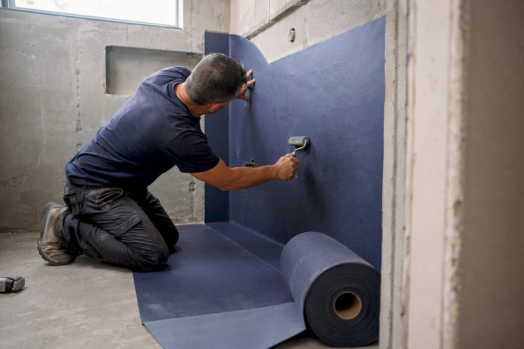 Contractor applying waterproof membrane in steam room