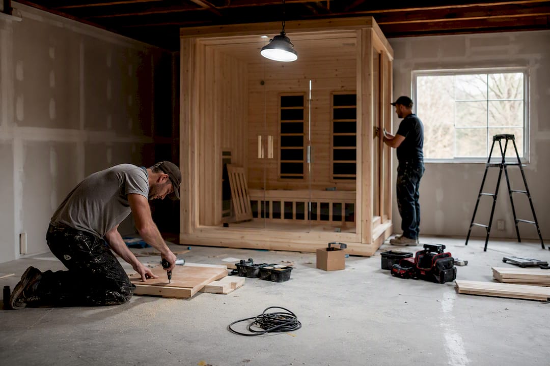 Partially assembled home sauna with electrical setup