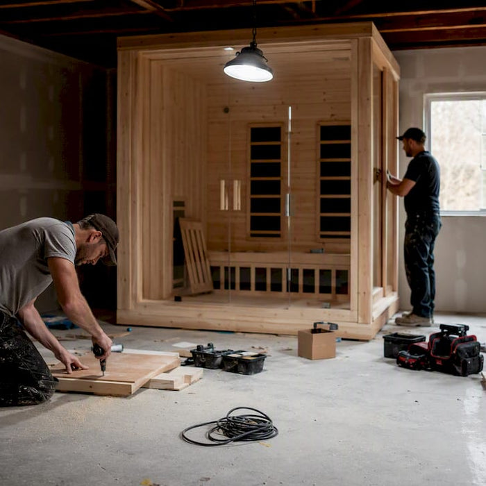 Partially assembled home sauna with electrical setup