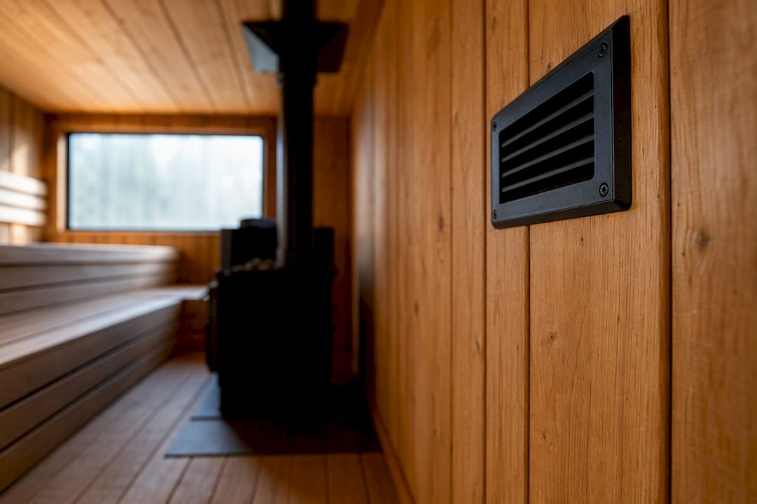 Wood-fired sauna fresh air inlet vent above stove