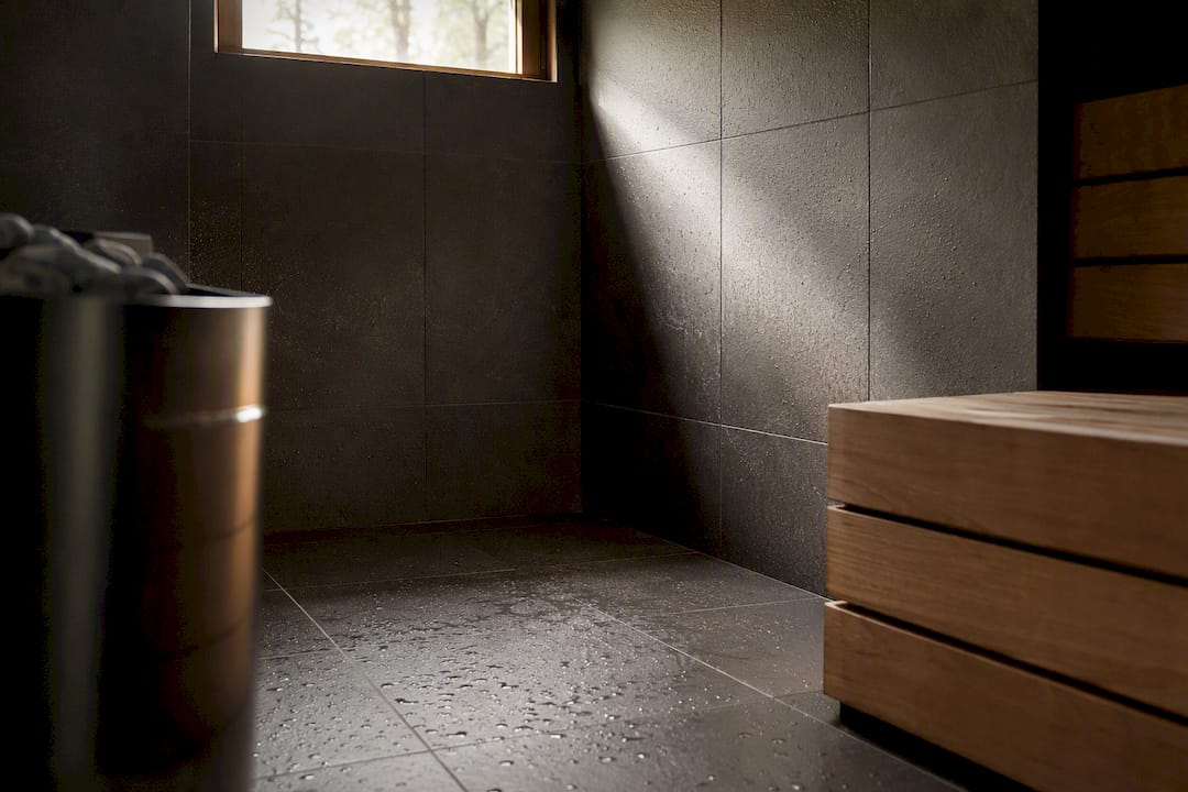 Tiled sauna floor and wall near heater