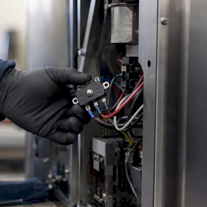 Technician holding sauna heater high limit switch