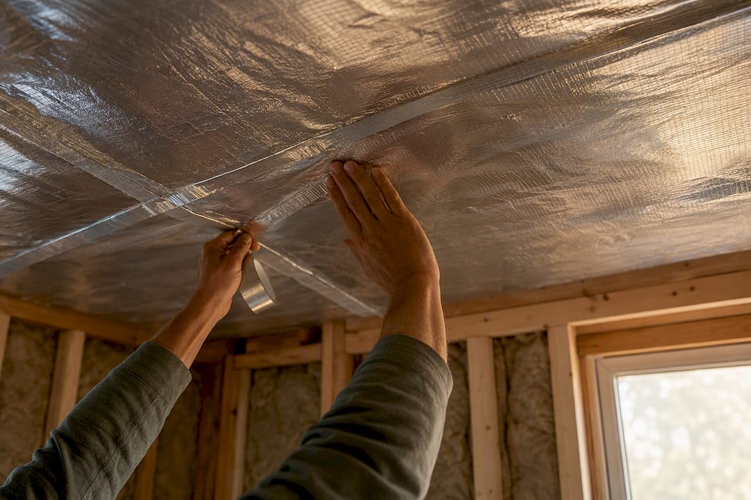 Applying vapor barrier foil on sauna ceiling seam