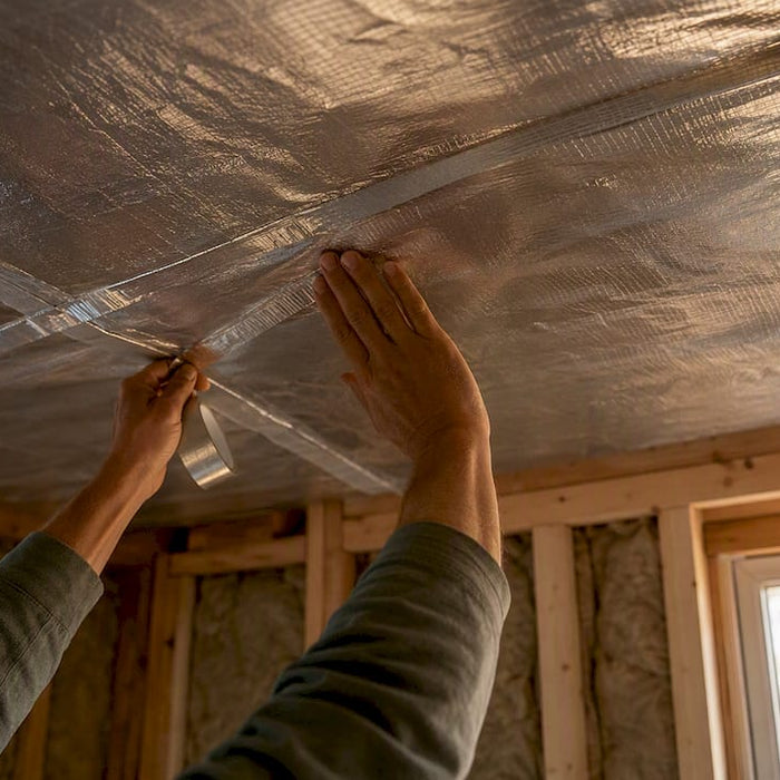 Applying vapor barrier foil on sauna ceiling seam