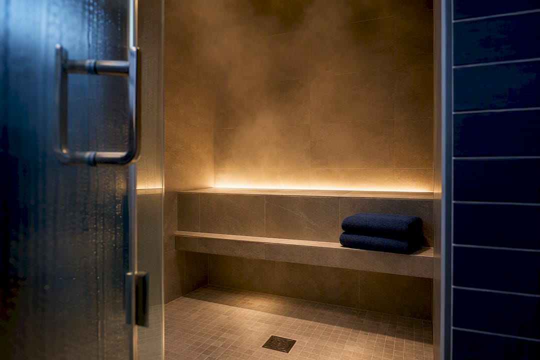 Residential steam room with tiled bench