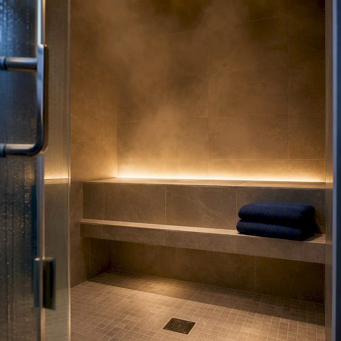 Residential steam room with tiled bench