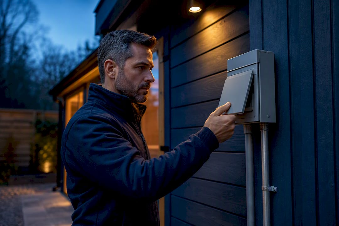 Electrician inspecting sauna electrical disconnect