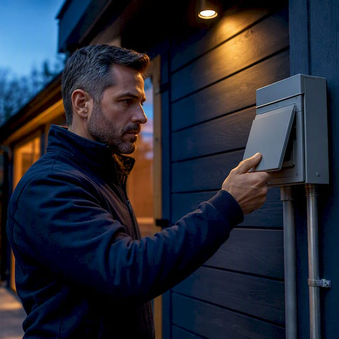 Electrician inspecting sauna electrical disconnect