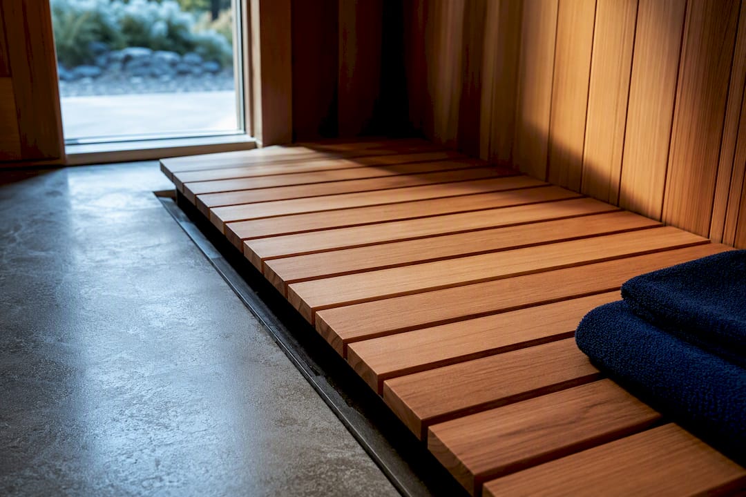 Cedar duckboards over sealed sauna floor