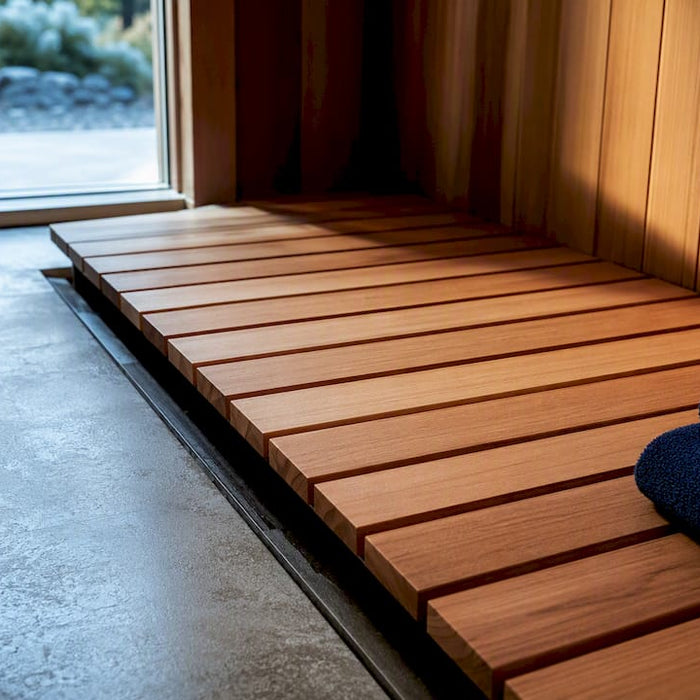Cedar duckboards over sealed sauna floor