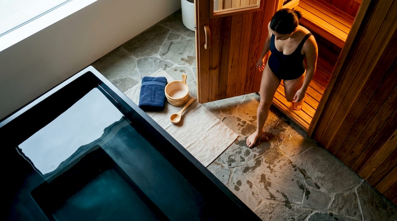 Homeowner moving from sauna toward cold plunge
