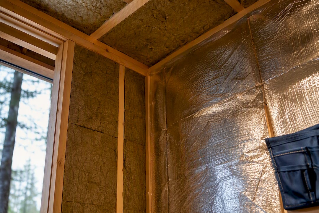 Mineral wool insulation in sauna wall assembly
