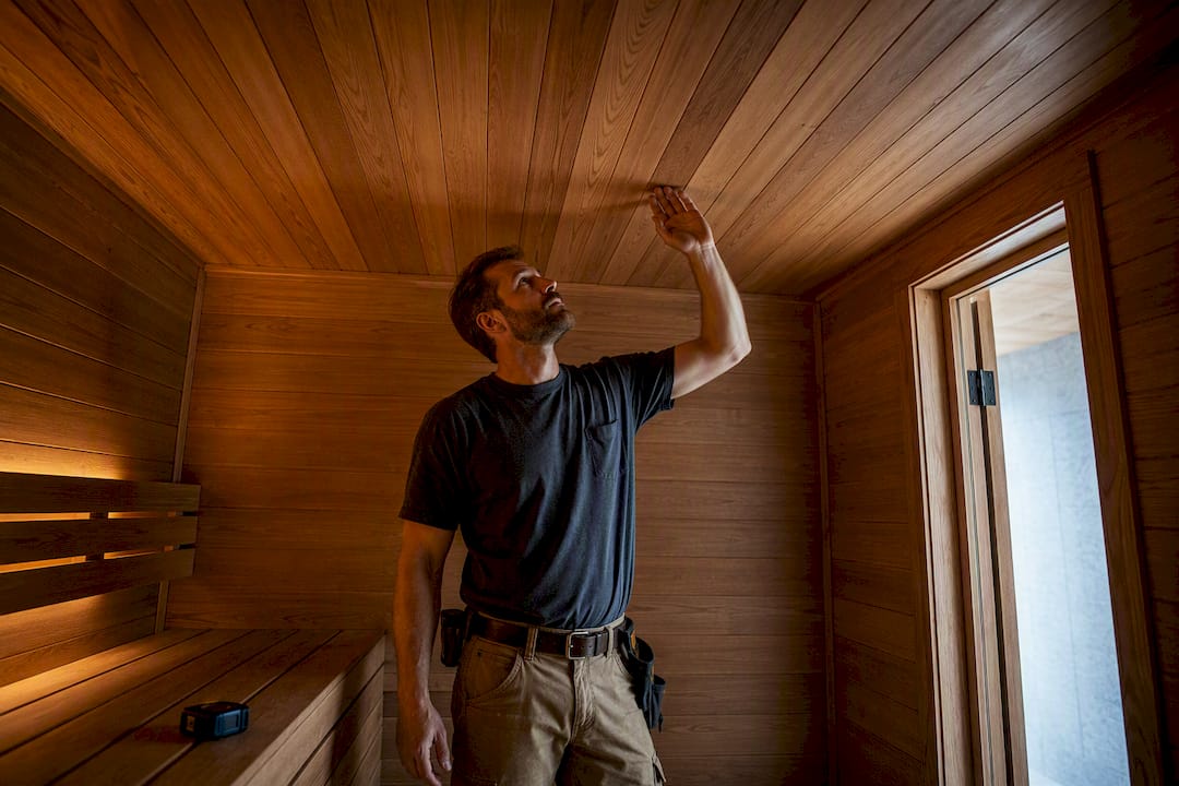 Finished sauna ceiling viewed from below