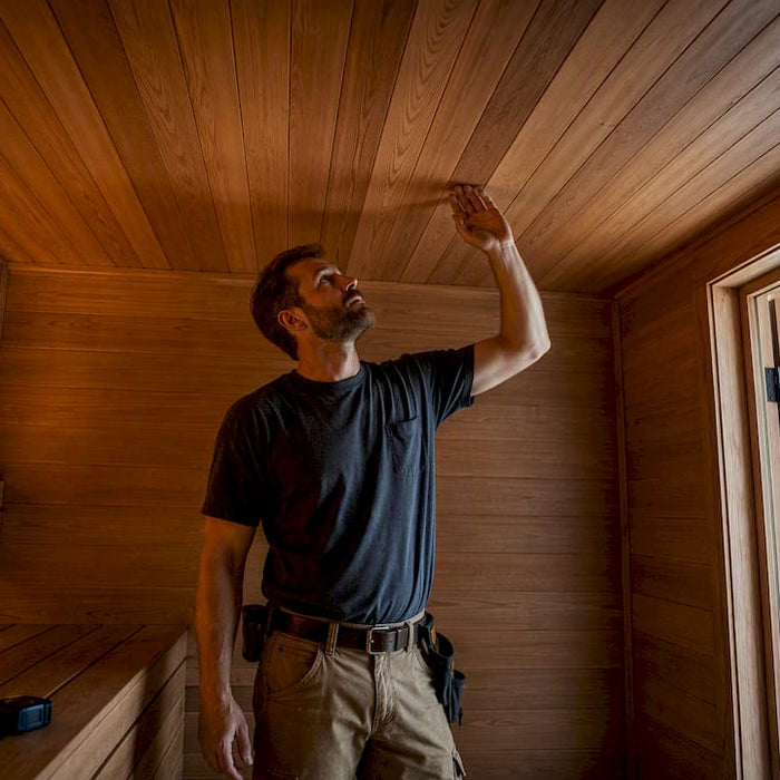 Finished sauna ceiling viewed from below