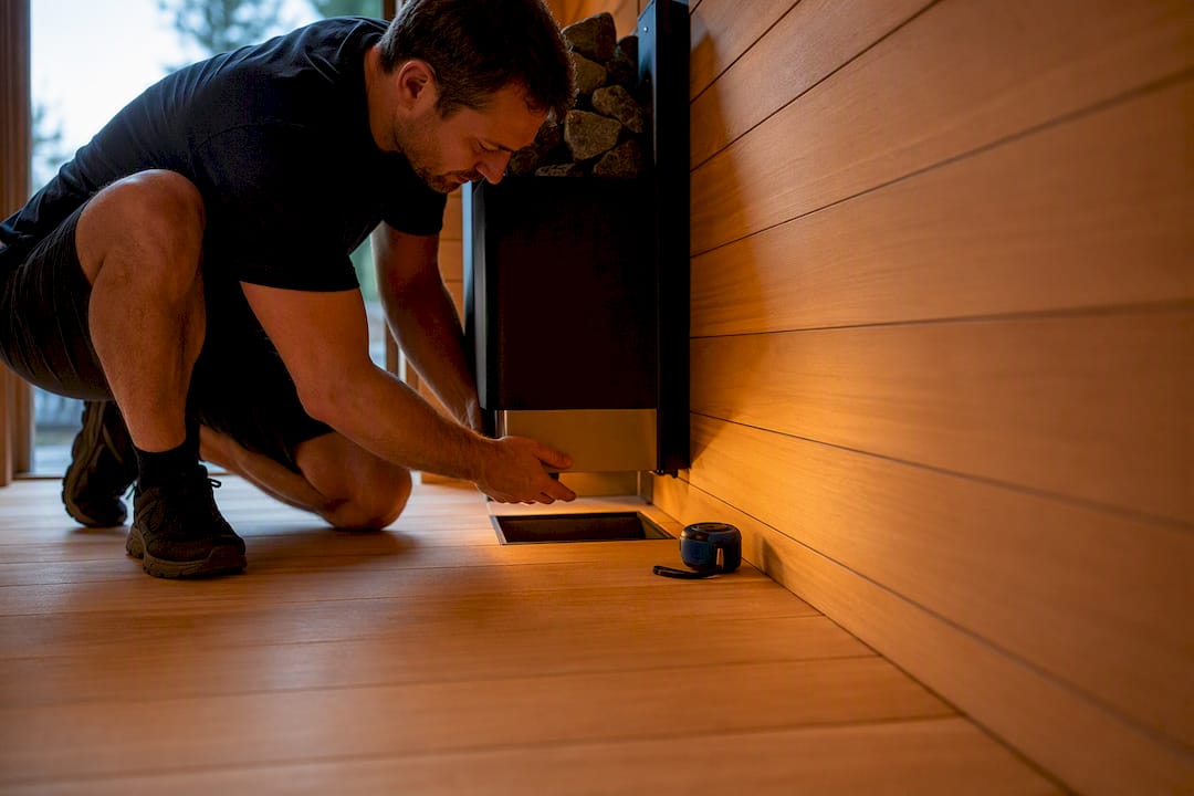 Installer aligning sauna heater intake opening