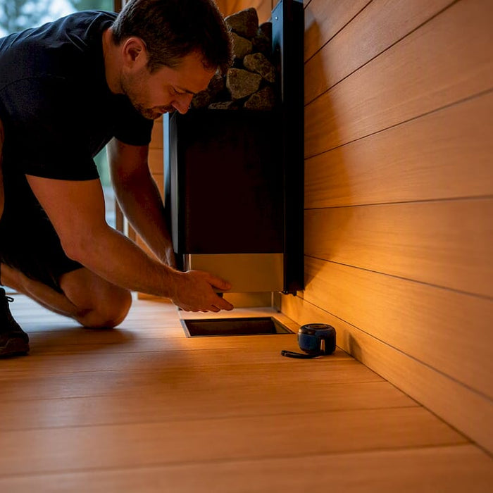 Installer aligning sauna heater intake opening