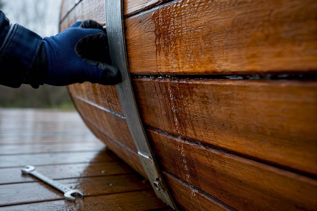 Water seeping through a barrel sauna stave seam